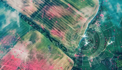 agriculture aerial view of drones flying over farms and fields, with data flying in circles, in the style of light aquamarine and pink, kinetic lines and curves, intertwined networks