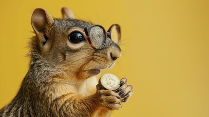 An influencer squirrel gives savvy financial tips against a pastel gold backdrop. - obrazy, fototapety, plakaty