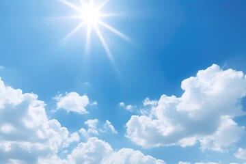 Naklejka na ściany i meble A vibrant image of the sun shining in a clear blue sky. Perfect for illustrating weather or positivity concepts