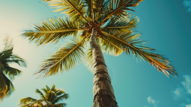 A peaceful image of a palm tree with a clear blue sky background. Perfect for tropical-themed designs