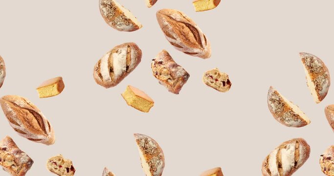 creative animation of bread falling from above, with color background