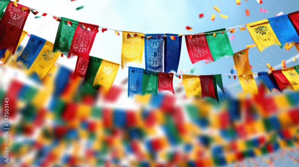 Poster colorful flags hanging from a string. perfect for festive decorations