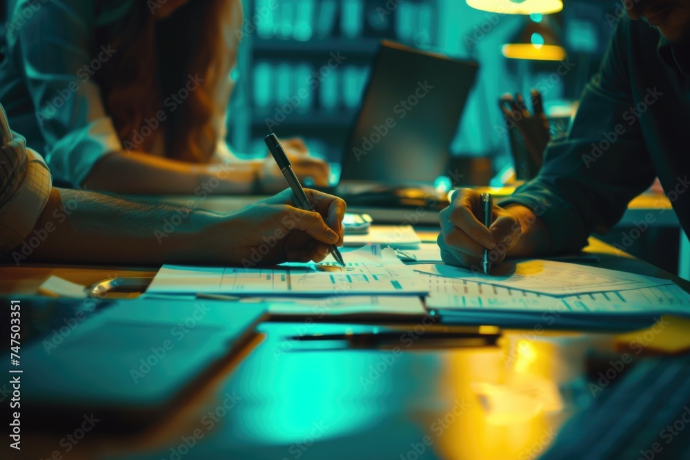 Poster a group of people sitting at a table with laptops. suitable for business and technology concepts