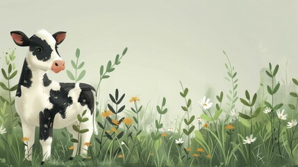 Cartoon cow teaching organic farming practices, eco-friendly influencer, pastel green background.