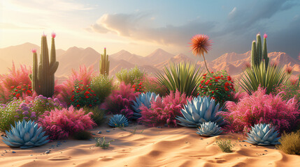  desert background in sand with different types of plants, in the style of motion blur panorama, stop-motion animation, voxel art, black background, humorous tableau, commission for, installation-base - obrazy, fototapety, plakaty