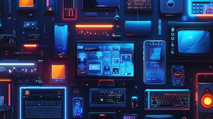 Various electronic gadgets and devices for technology concept - obrazy, fototapety, plakaty