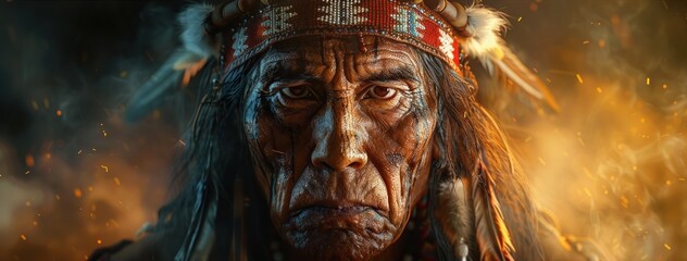 Noble Native American Chief Portrait, Detailed oil portrait style of a Native American chief in regal attire with chiaroscuro lighting. - obrazy, fototapety, plakaty
