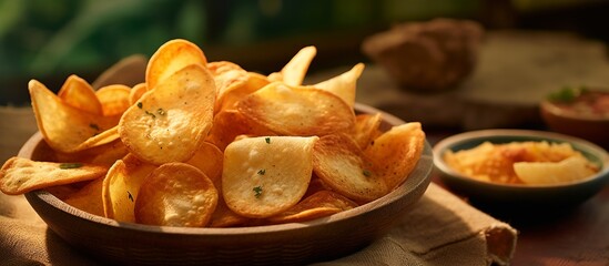 Original potato chips are crunchy and tasty, a casual snack served on a plate