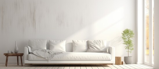A white couch sits in a minimalist living room, beside a large window looking out onto a white landscape. The room features a wooden floor and decor on the walls, creating a nordic interior design.