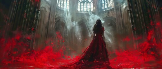 Gothic Cathedral Elegant Queen, Digital oil painting of an elegant queen in a gothic cathedral with rich reds and dramatic lighting.