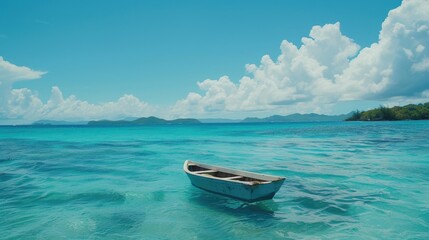 A small boat floating in the vast ocean. Suitable for travel and adventure concepts