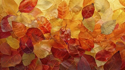 Close-up of orange and yellow leaves interwoven, a natural autumn palette mosaic.