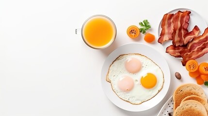 Full American Breakfast on white, top view, copy space. Sunny side fried eggs, roasted bacon, hash brown, pancakes, toasts, orange juice and coffee for breakfast - obrazy, fototapety, plakaty