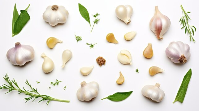 Garlic and herbs isolated on white background, top view