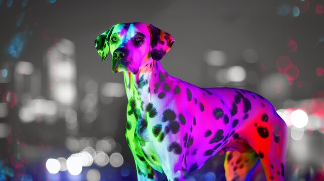 Dalmatian dog with rainbow colored spots
