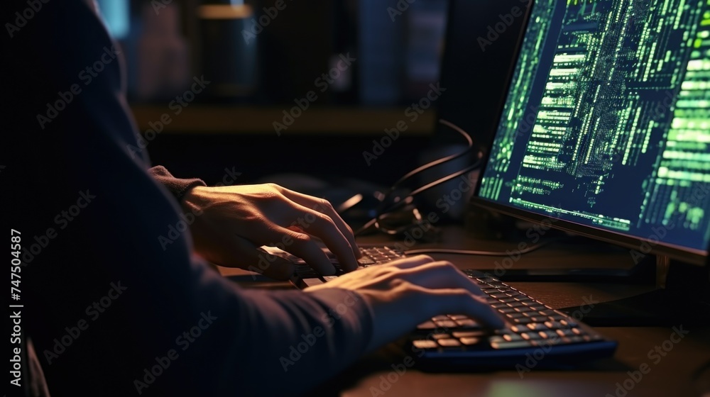 Poster A person typing on a keyboard in front of a computer monitor. Suitable for technology and workplace concepts