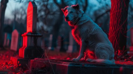 white dog on a graveyard