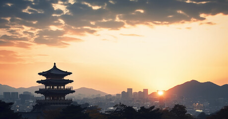 Fototapeta premium Beautiful sunset view behind a pagoda tower, ideal for travel websites or spiritual blogs