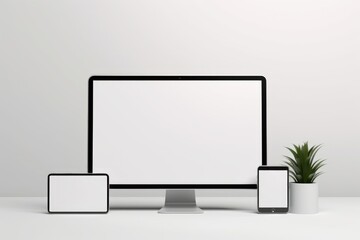 A computer monitor, tablet, and phone sitting on a table. Suitable for technology concept