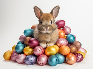Fototapeta na wymiar Niedlicher kleiner Hase, Osterhase mit bunten Eiern, freigestellt vor neutralem Hintergrund, Generative AI