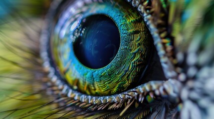 Obraz premium Detailed close up view of a peacock's vibrant eye, perfect for nature and wildlife projects