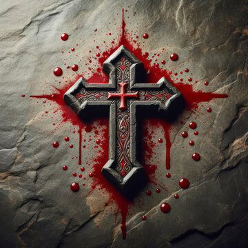 Christian cross painted with red blood on solid white stone background. ai generative