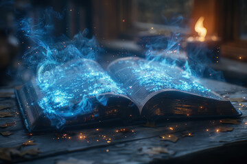 Open Book with Magical Blue Light, Fantasy concept art of an open book with magical blue light and floating letters.