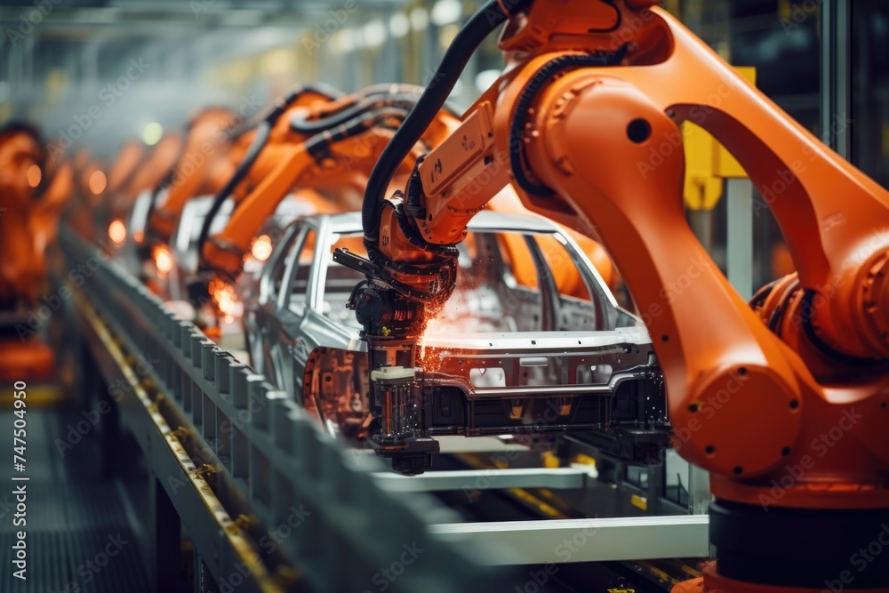 Aufkleber A line of robots working on cars in a factory. Ideal for industrial and automation concepts