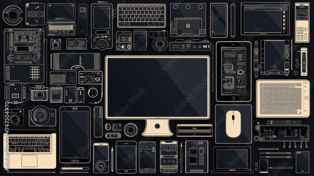 Poster Various electronic devices and a computer on a desk. Suitable for technology concepts