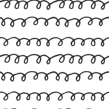 Hand drawn Scribbles striped seamless Pattern. Squiggles in ink. Black and white Monochrome Background for design. Doodle modern illustration. Abstract Texture sketch