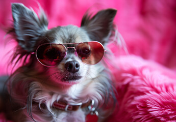 Stylish Chihuahua Wearing Sunglasses on Pink Background