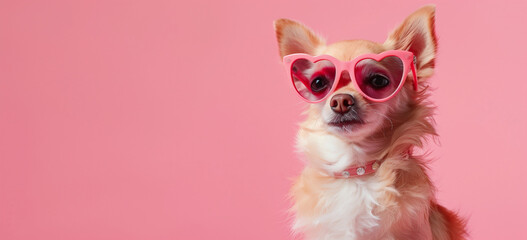 Chihuahua with Heart-Shaped Sunglasses on Pink Background