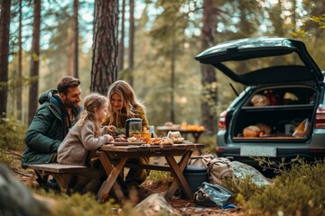Couple picnicking in the woods on a wooden table with their young daughter and car