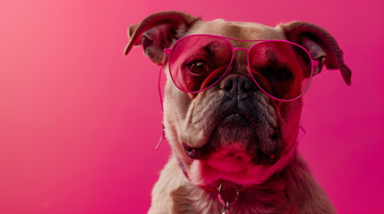 Dog with Pink Heart-Shaped Sunglasses on Pink Background