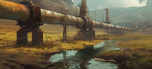 Fototapeta premium old pipelines in an isolated setting with fields