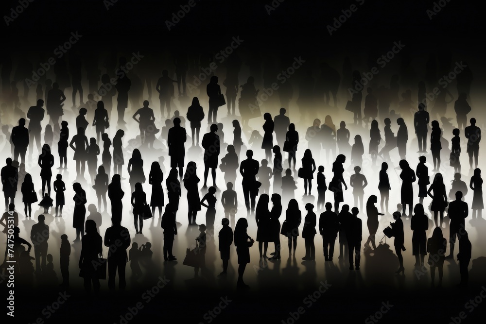 Poster silhouettes of a large group of people against a black background. suitable for various projects