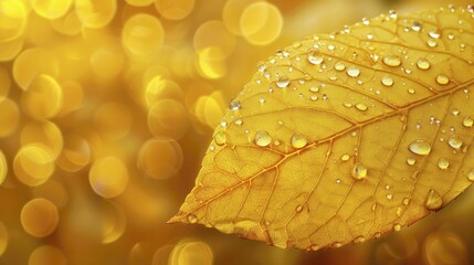 A golden-yellow leaf with droplets, its crisp texture glows under soft sunlight.