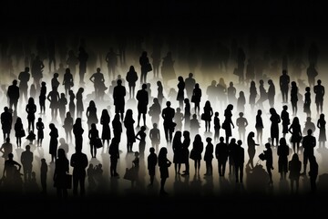 Silhouettes of a large group of people against a black background. Suitable for various projects