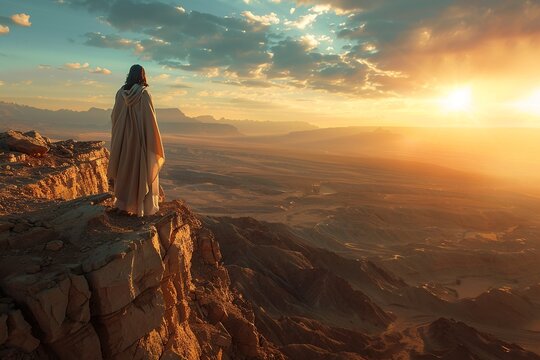 Witness Jesus standing on a high cliff, torn between earthly desires and heavenly mission, grappling with the allure of miracles, fame, and adulation