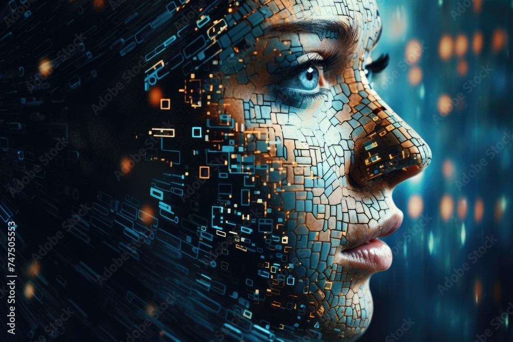 Poster Close up of person's face with digital pattern, suitable for technology concepts
