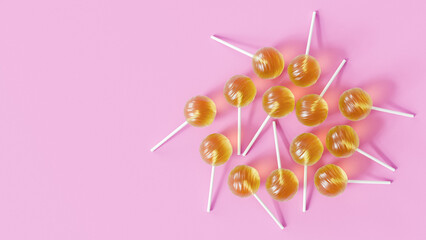 Yellow lollipop sweet candies on pink background, copy space, 3d render