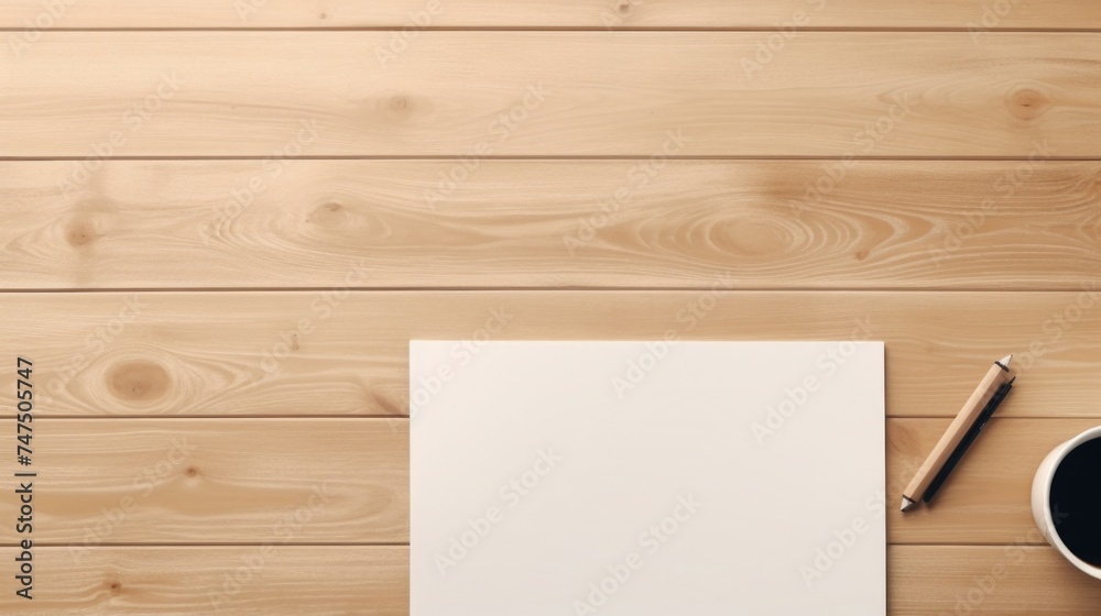 Poster a cup of coffee and a notepad on a rustic wooden table, perfect for a cozy work or study setting