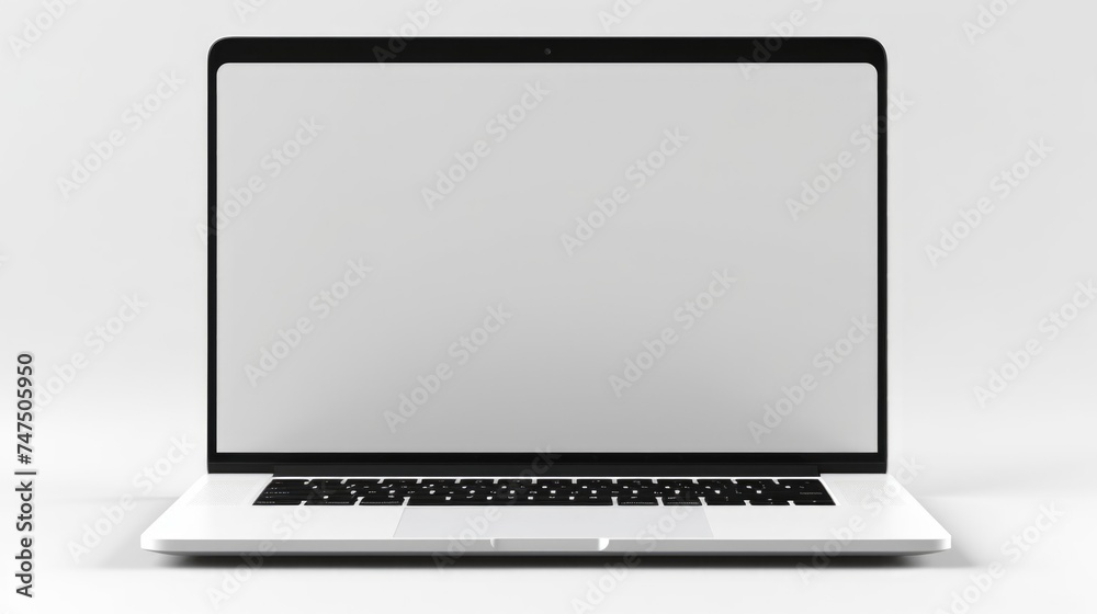 Poster a modern laptop with a blank screen on a white table. perfect for technology concepts