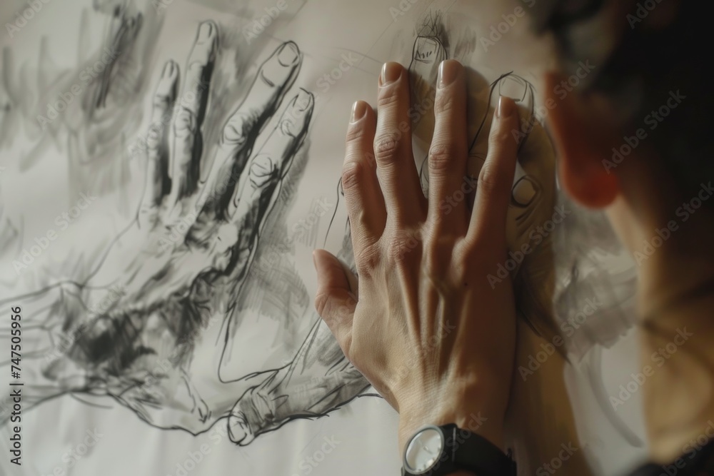 Aufkleber a person sketching a hand on a piece of paper. great for art and creativity concepts