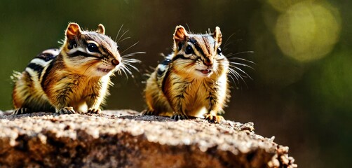 Obraz premium a couple of small chipmuns standing on top of a tree stump in front of a blurry background.