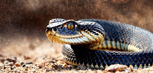 Obraz premium a close up of a black and brown snake with its mouth open and it's tongue out and it's tongue out.