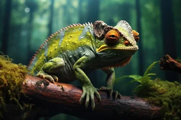 Foto op Canvas A colorful chameleon perched on a green and yellow branch. Ideal for nature and wildlife themes © Fotograf