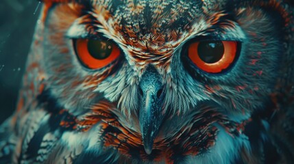 Close-up of an owl with striking orange eyes, perfect for nature and wildlife themes