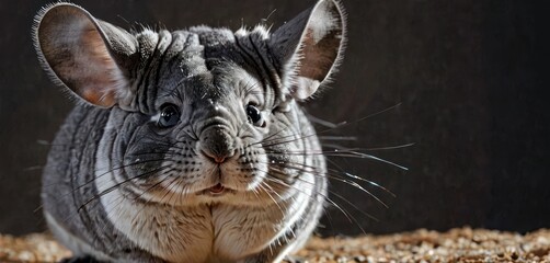 a close up of a gray and white animal on a bed of wood shavings in front of a black background.