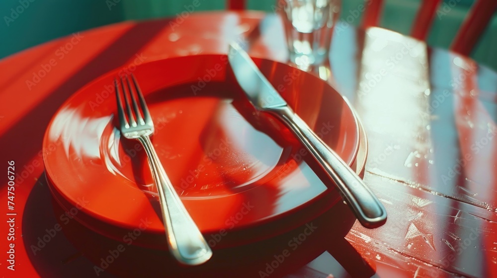Poster a red plate with a fork and knife on it. perfect for restaurant and dining concepts